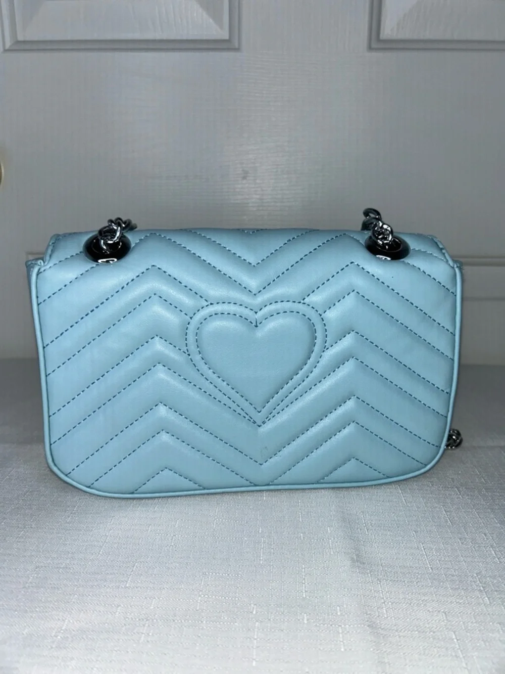 Light Blue Chevron Quilted Shoulder Bag with Silver Hardware and Dust Bag - Picture 3 of 13